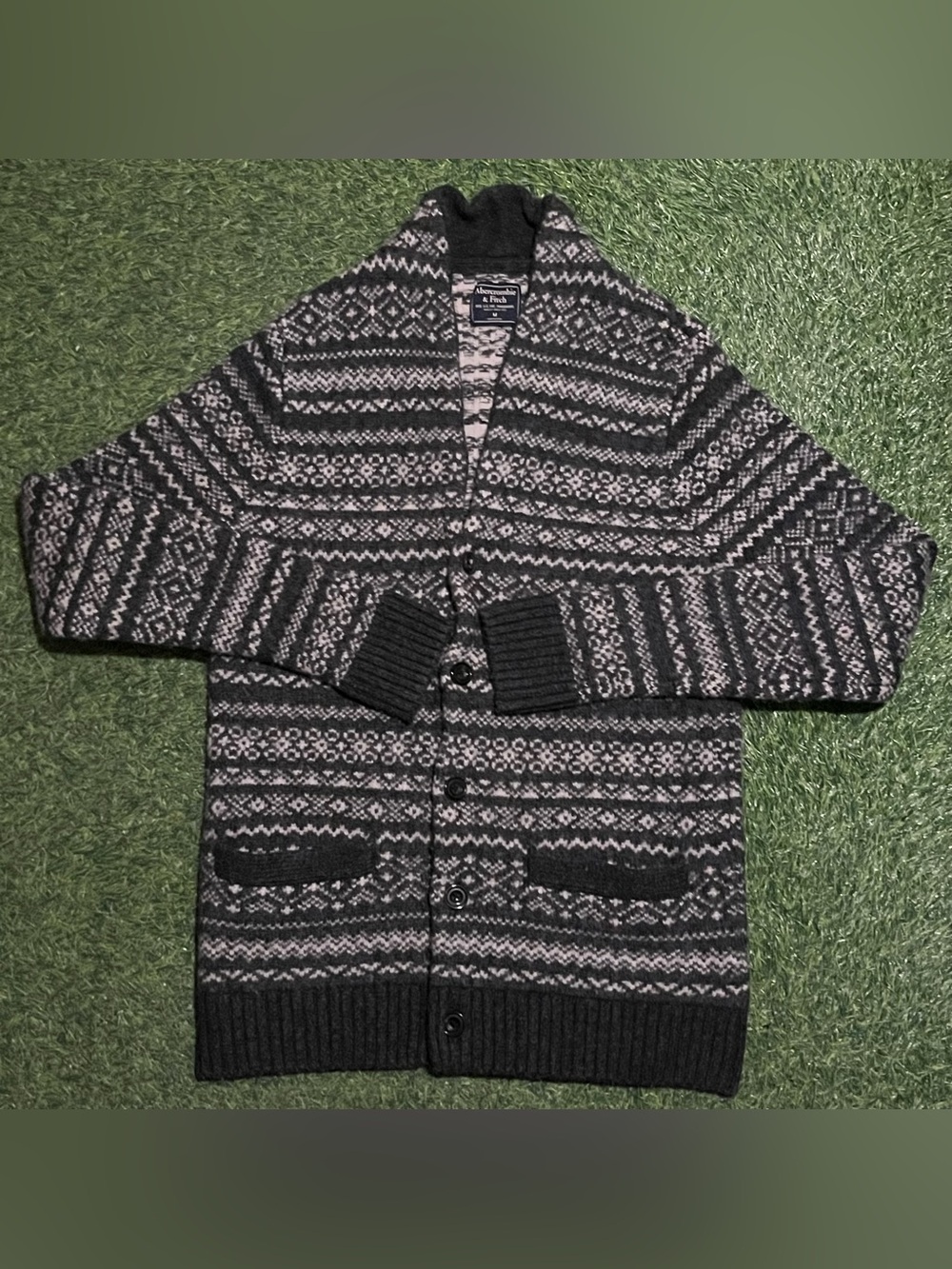 Abercrombie Fitch Button Up Fair Isle Cardigan Wool Cream Grey Mens Medium